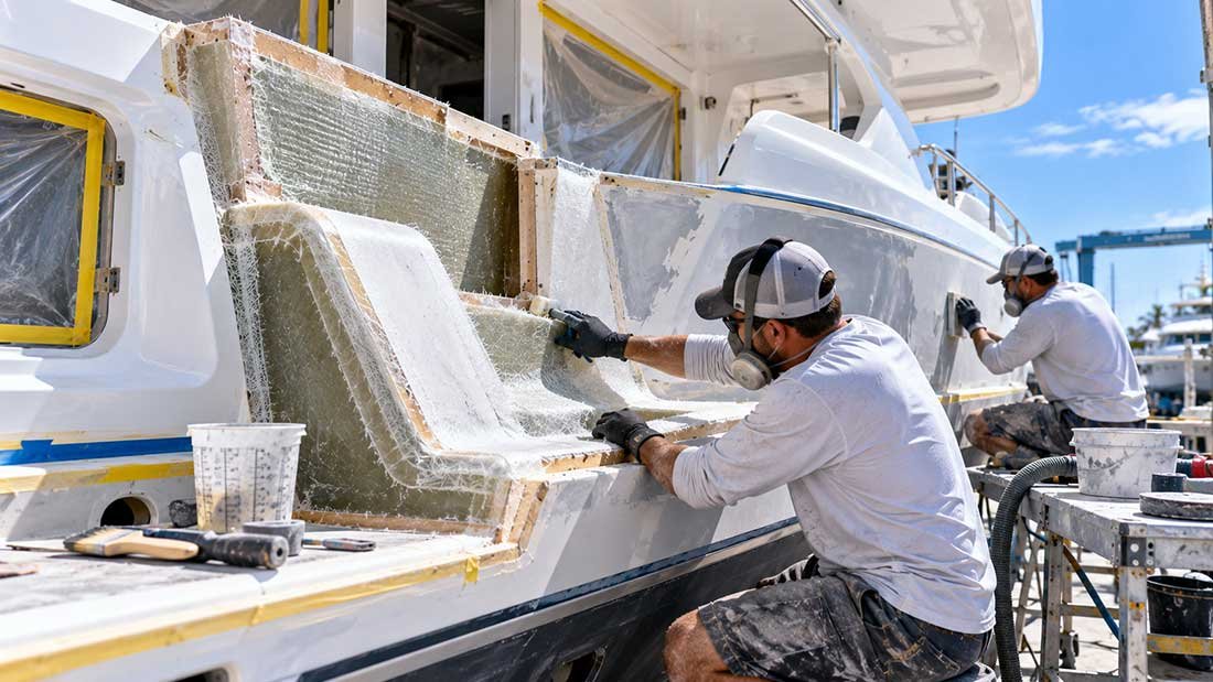 Custom fiberglass fabrication underway on a boat or yacht