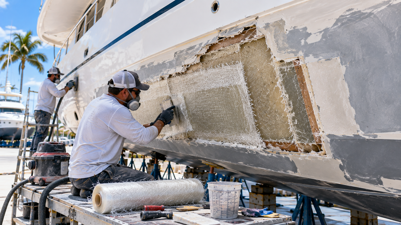 Fiberglass repair being integrated into a damaged boat or yacht hull
