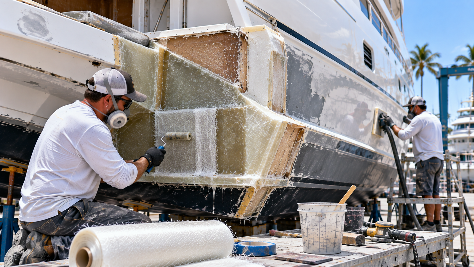 Fiberglass hull repair underway on a boat or yacht
