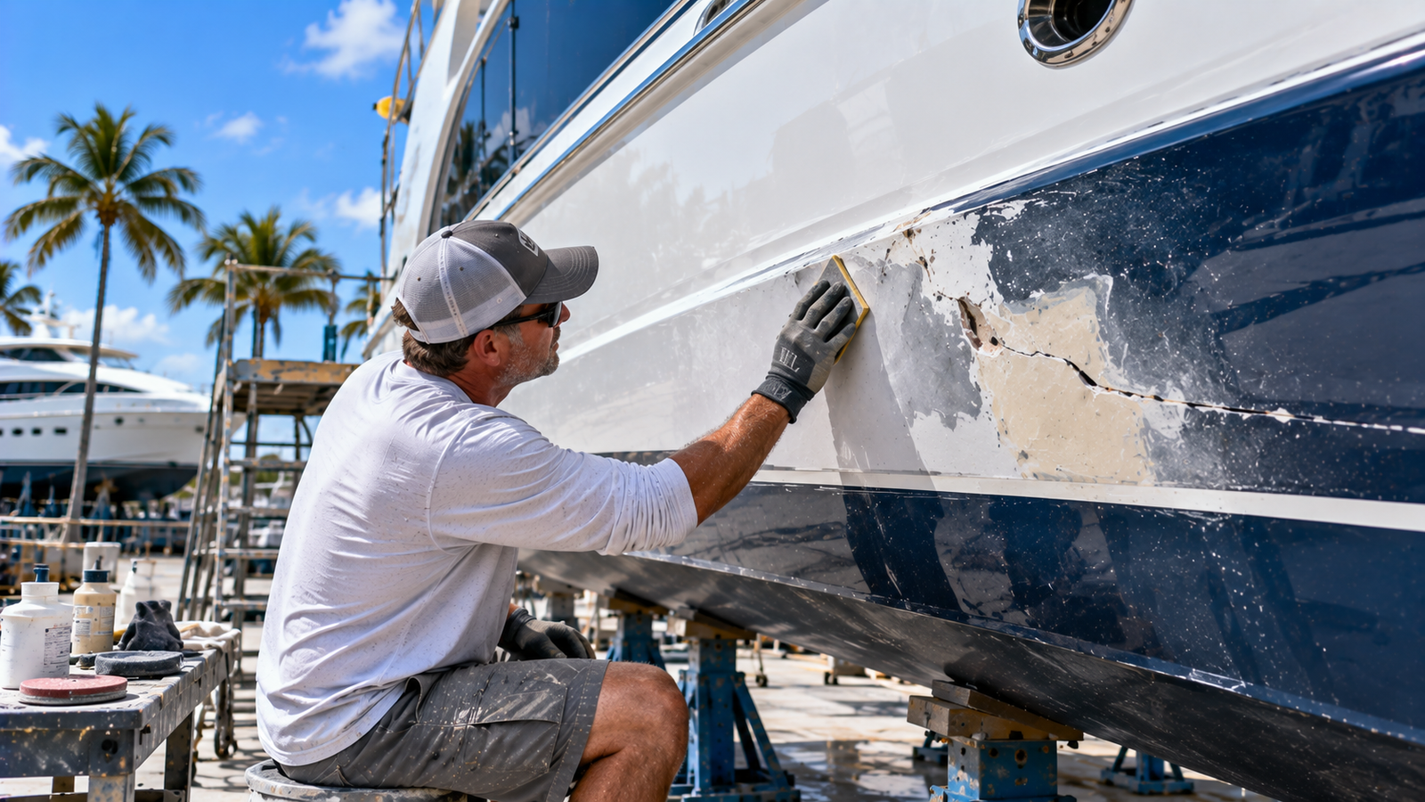 Technician performing gelcoat repair on a boat or yacht hull in South Florida