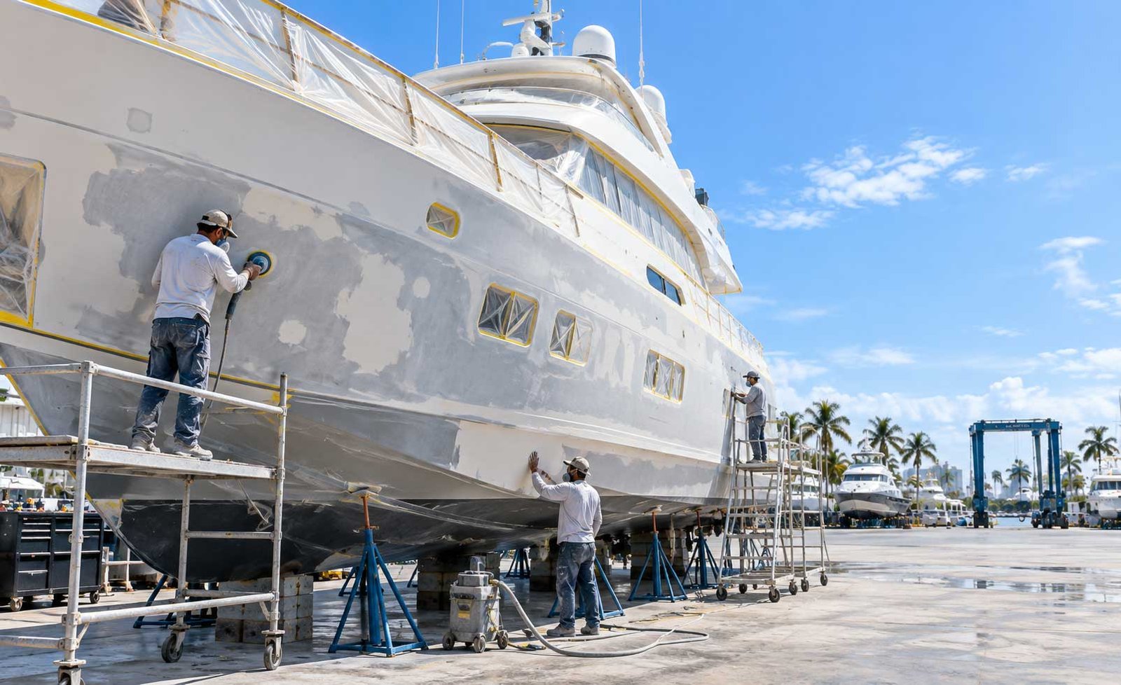 Marine refinishing technicians preparing a yacht hull surface before painting