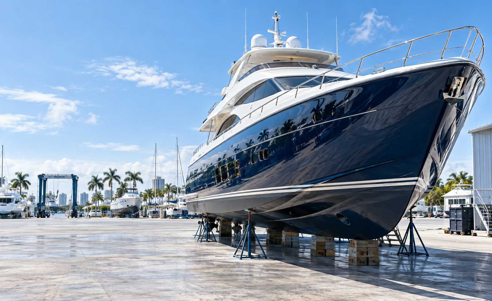 Professionally refinished yacht with high-gloss painted hull