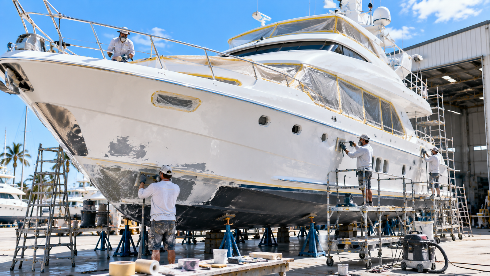 Luxury yacht undergoing professional refinishing at a South Florida marine facility