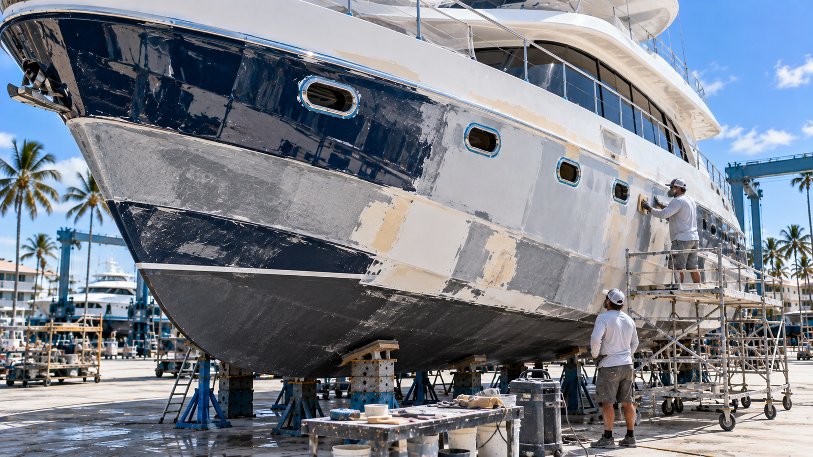 Yacht undergoing professional restoration and surface preparation in South Florida