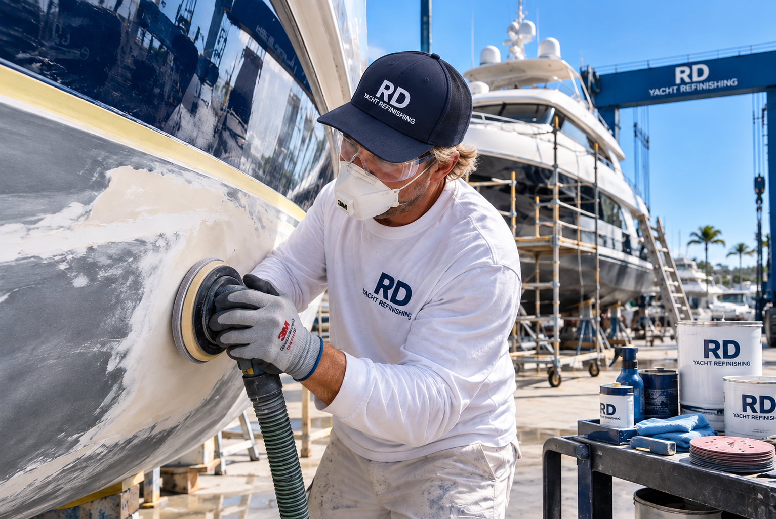 RD Yacht Refinishing technician sanding and preparing a yacht hull for fiberglass repair and refinishing